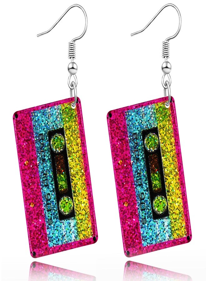 Mintolex 70s 80s 90s Earrings for Women Retro Cassette Tape Earrings Acrylic Radio Tape Drop Dangle Earrings for Cosplay Glow Party Music Festival 70s 80s 90s Accessories, Sparkly Back to 90S Tape - Image 1